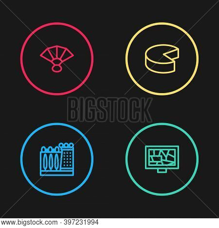 Set Line Dali Museum, Picture Art, Cheese And Fan Flamenco Icon. Vector