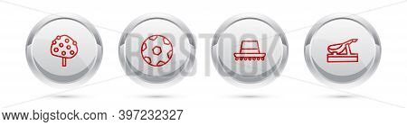 Set Line Orange Tree, Football Ball, Spanish Hat And Jamon. Silver Circle Button. Vector