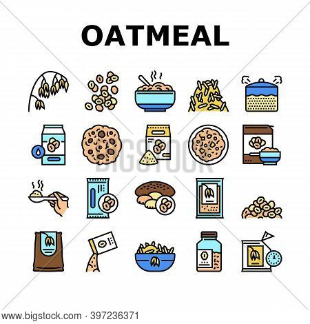 Oatmeal Nutrition Collection Icons Set Vector. Oat And Flour Bag, Cookies And Milk, Bar And Oatmeal 