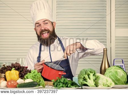 Happy Bearded Man. Chef Recipe. Cuisine Culinary. Vitamin. Vegetarian Salad With Fresh Vegetables. D