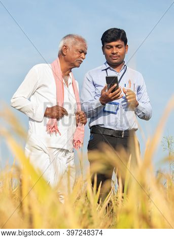 Farmer And Banker Or Corporate Government Officer Discussing By Looking Into Mobile Phone About Crop