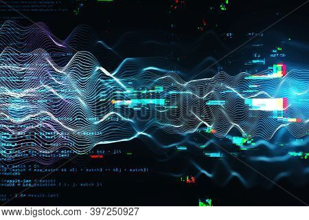 Digital Glowing Wave With Programming Interface. Software And Global Concept. 3d Rebdering