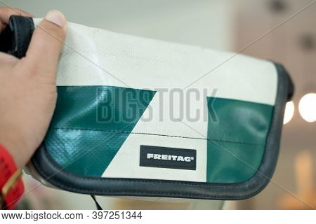 Bangkok, Thailand - November 30, 2020 : Freitag Messenger Bag Made Of Recycled Used Truck Tarpaulin 