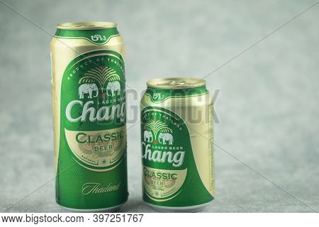 Bangkok, Thailand - November 30, 2020 : Two Cans Size Of Chang Beer, A Pale Lager Brewed By Thaibev,