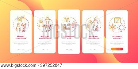 Me Symptoms Onboarding Mobile App Page Screen With Concepts. Extreme Tiredness, Headache And Dizzine