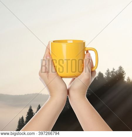 Closeness To Nature. Woman Holding Cup In Mountains, Closeup
