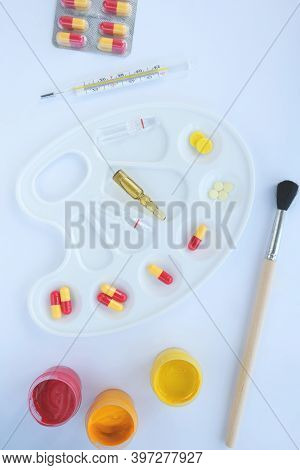 Pills On White Background, Conceptual Medical Background With Copy Space. High Quality Photo