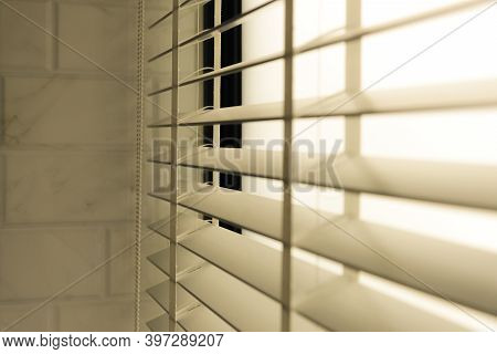 Close-up Open Venetian Blinds. Lighting Range Control Sunlight Coming From A Window. Decoration Inte