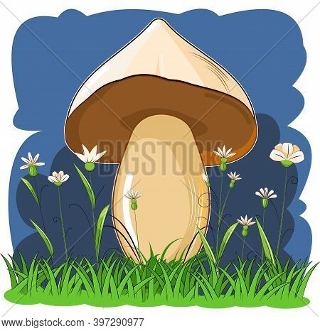 White Mushroom Against The Background Of A Night Flowering Meadow. Cartoon Flat Style. Landskape Wil