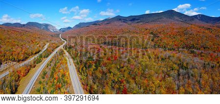 Interstate Highway I-93 Across Franconia Notch Panorama Between Cannon Mountain And Mount Lafayette 