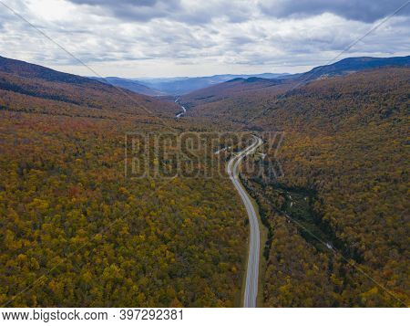 Franconia Notch With Fall Foliage Aerial View Including Profile Lake And Echo Lake In Franconia Notc
