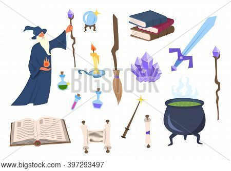Cartoon Color Magician And Tools Wizard Icons Set Include Of Potion, Wand, Book And Magical Ball. Ve