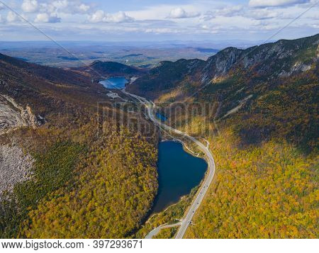 Franconia Notch With Fall Foliage Aerial View Including Profile Lake And Echo Lake In Franconia Notc