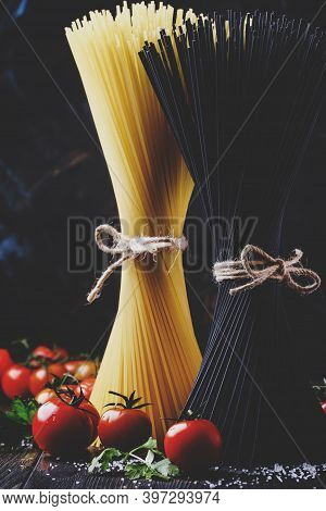 Spaghetti And Tomatoes, Still Life In Low Key, Selective Focus And Toned Image