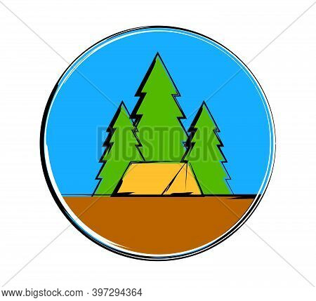 Stylized Circle Vector Illustration With Green Spruces And Yellow Tent