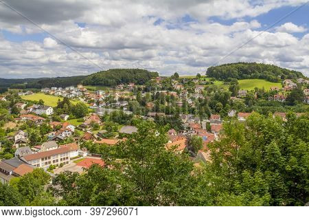 Sunny Aerial Scenery Around Falkenstein Castle In The Bavarian Forest At Summer Time