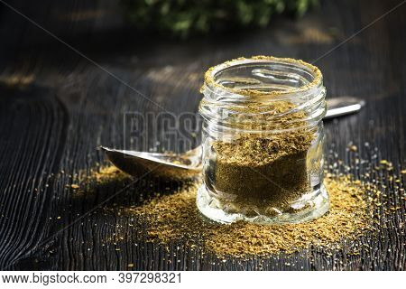 Seasoning, Dried Caucasian Herbs, Black Background, Selective Focus
