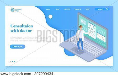 Landing Page Of Website. Checking Vision In Virtual Medical Cabinet In Oculist With Laptop. Ophthalm
