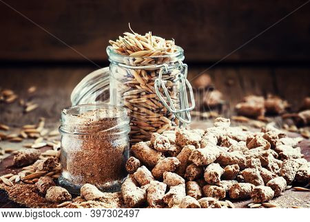 Oat Bran, Grain Oats, Oat Flour, In Glass Jars, Vintage Wooden Background, Selective Focus