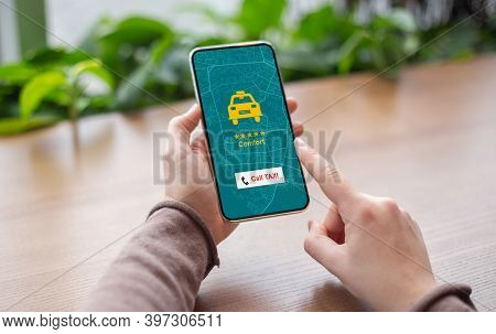 Unrecognizable Woman Using App On Smartphone For Online Taxi Ordering, Browsing Modern Application F