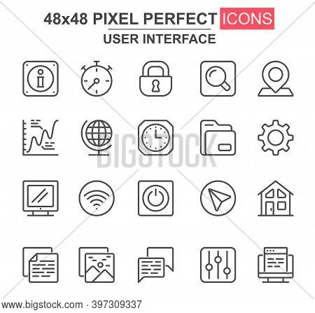 User Interface Thin Line Icon Set. Pinpointer, Lock, Gear, Email, Magnifier, Chart, Clock, Wifi, Sea