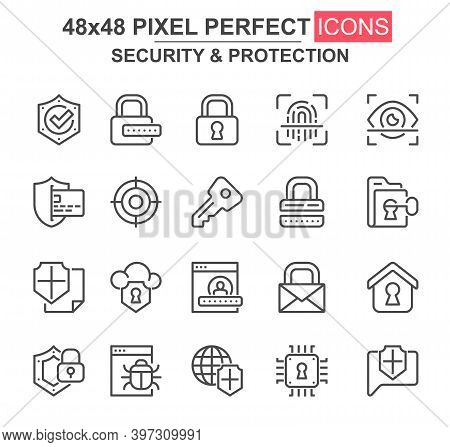 Security And Protection Thin Line Icon Set. Password, Key, Padlock, Fingerprint, Firewall, Bug, Shie