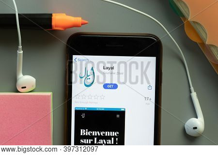 New York, Usa - 1 December 2020: Layal Mobile App Icon On Phone Screen Top View, Illustrative Editor