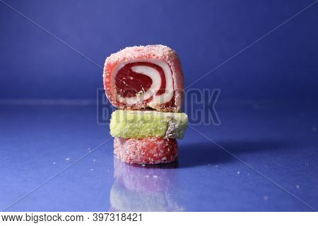 Turkish Rahat Onion Pastila Is A Slide Stack On Top Of Each Other On A Blue Background Copyspace Pla