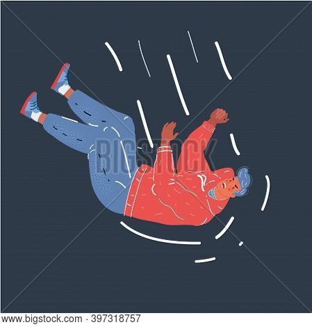 Vector Illustration Of Falling Businessman On Dark Backround.