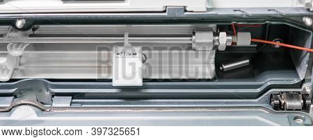 Column Connected To Hplc System In Termostate. Hplc System At Analytical Chemistry Laboratory.