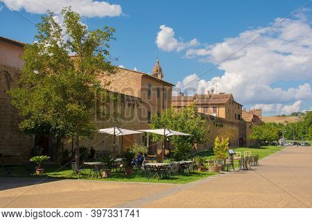 Buonconvento, Italy - September 3rd 2020. A Outdoor Restaurant Bar Outside The City Walls Of The His