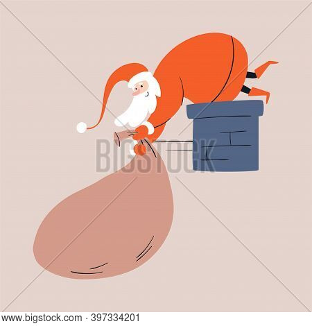 Cartoon Santa Claus Drags A Bag Of Gifts Into The Chimney. Smiling Chubby Santa Cheerfully Dangles H
