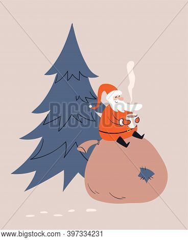 Cartoon Santa Sits On A Huge Bag With Gifts And Drinks A Hot Drink, Hot Vapor Rises From The Mug. Ha