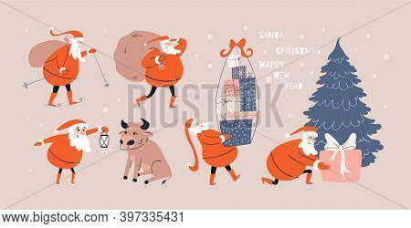 Hand-drawn Colorful Set Of Cartoon Santa Claus. Cheerful Holiday Stories From Life Of Santa. Meeting