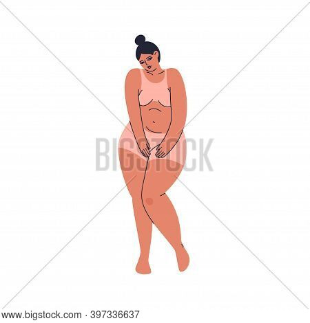 Shy Cartoon Plus Size Girl In Lingerie. A Young Woman Stands In Pinkish Underwear, Closing Herself. 