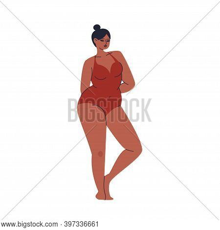 An Adult Girl In A Swimsuit. A Young Woman Stands Modestly In Trendy Underwear. Brunette Body Positi