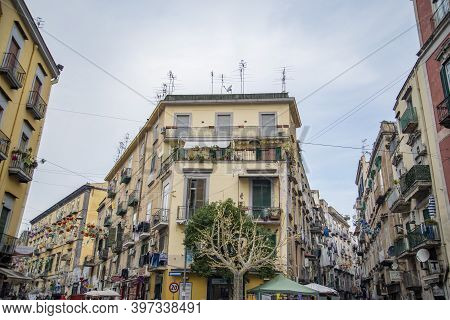 Naples, Italy - December 30, 2018: Narrow Streets In Downtown In Rione Sanita Neighborhood In Naples