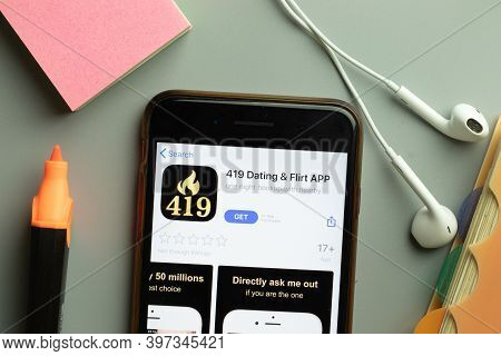 New York, Usa - 1 December 2020: 419 Dating Flirt Mobile App Icon On Phone Screen Top View, Illustra