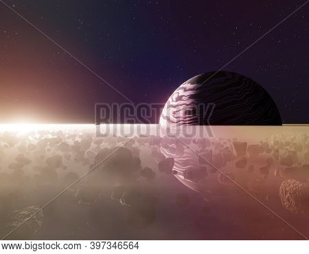 Planet Saturn Or Jupiter Close-up With Meteorites Ring And Sun In Haze, 3d Illustration