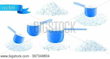 Detergent Shirt. Soap White Texture With Scoop. Liquid Powder In Cup For Washing Machine. Laundry Wa