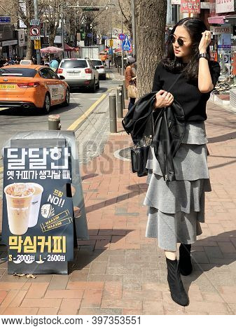 Seoul, South Korea 30 March 2018 : Young Beautiful Woman Shopping And Walking Around Ewha Womens Uni