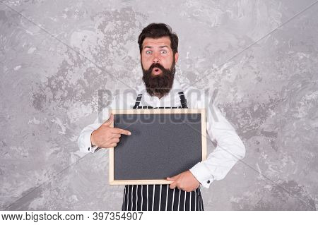 Master Class From Surprised Cook Man. Best Offer For Dinner. Chef Baker Menu. Hospitable Restaurant 
