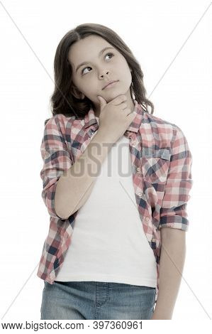 Kid Thoughtful Face Make Decision Isolated White. Child Cute Face Brunette Hair Thinking. Girl Casua