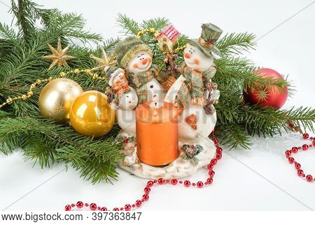 Comosition With New Year's Tree, Toys And Balls