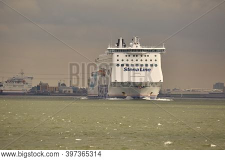 ROTTERDAM, THE NETHERLANDS - CIRCA 2017: Ferry of Stena Line leaving Rotterdam, Hoek Van Holland terminal. Heading out at the North Sea to the United Kingdom