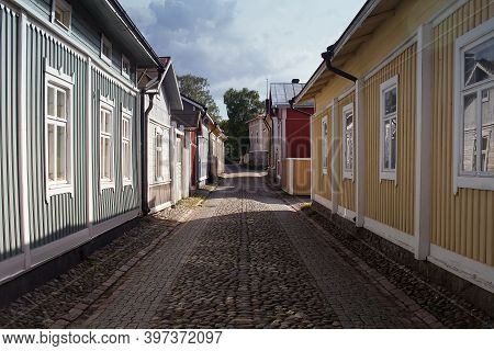 An Old Alley In The Historical Museum Area Of The Town Of Rauma, Finland. The Place Is Carefully Kep