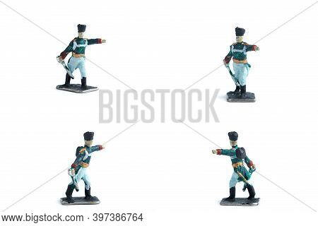 4 In 1 Shot Of Tin Soldiers With Sword On The White Background
