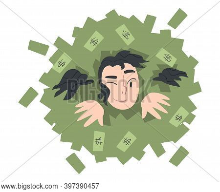 Rich Businesswoman Drowning In Her Money, Wealthy Person, Millionaire Character, Financial Success, 