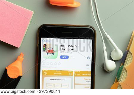 New York, Usa - 1 December 2020: Rto Vehicle Information Mobile App Icon On Phone Screen Top View, I