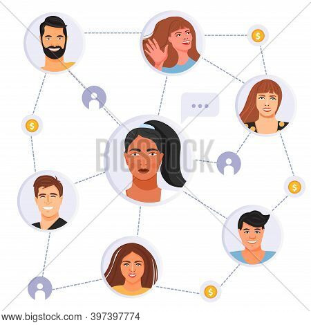 Network Scheme, Which Contains People Avatars Connected To Each Other. Network Marketing, Referring 
